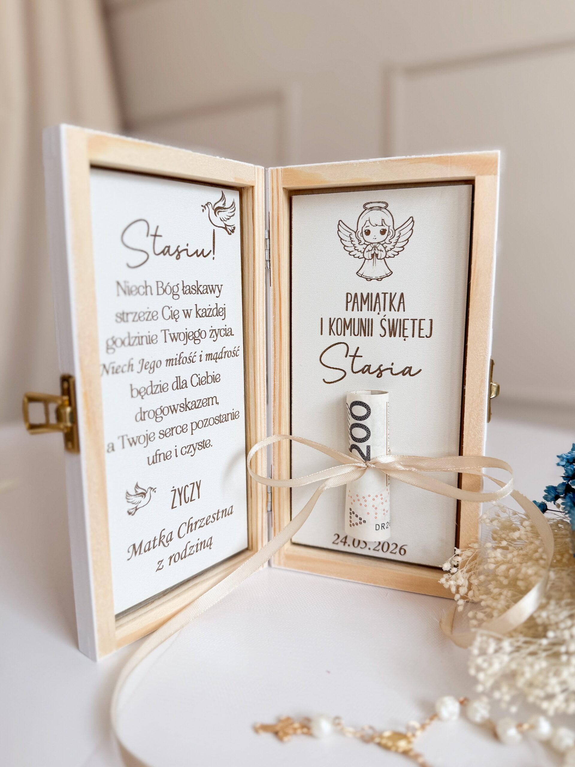 Pudełko prostokątne na Komunię Św. Wzór 13 (złoty gołąbek) - obrazek 2